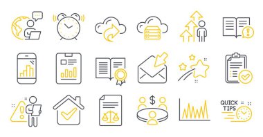 Hızlı ipuçları, yasal belgeler, diploma sembolleri gibi bir dizi eğitim simgesi. Açık posta, alarmlı saat, çalışan sonuç tabelaları. Buluşma, rapor belgesi, bulut paylaşımı. Grafik telefonu, çizgi grafiği. Vektör