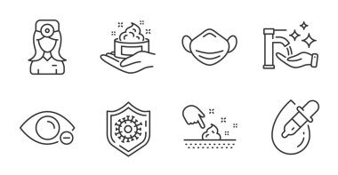 Göz damlası, göz doktoru ve miyop çizgisi simgeleri hazır. Cilt bakımı, cilt nemlenmesi ve Coronavirus koruma işaretleri. Tıbbi maske, el yıkama sembolleri. Pipette, göz doktoru, görüş uzmanı. Vektör