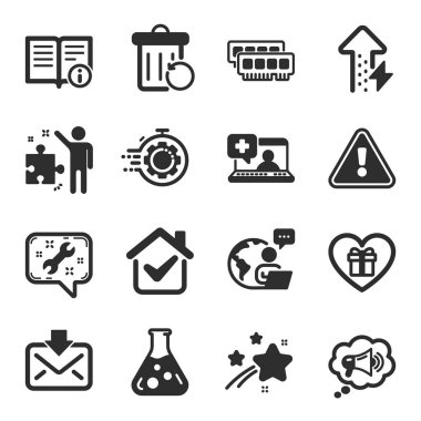 Romantik hediye, megafon, kimya laboratuarı sembolleri gibi iş simgeleri. Seo zamanlayıcı, Ram, Strateji işaretleri. Enerji büyüyor, tıbbi yardım, Spanner. Kurtarma çöpleri, gelen postalar. Vektör