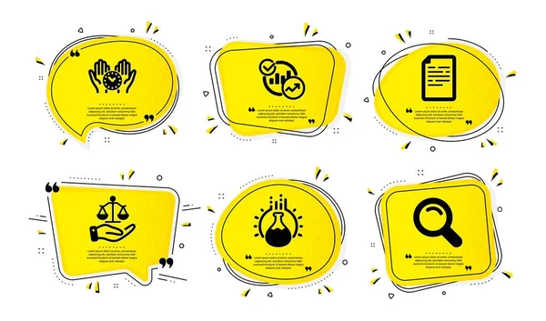 Statystyki Dokumenty Ikony Bezpiecznego Czasu Prosty Zestaw Żółte Bąbelki Mowy — Wektor stockowy