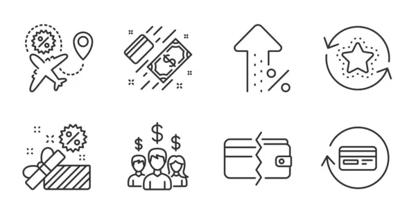 忠诚积分 工资员工和退款佣金线图标设置 支付方法 支付和提高百分比标志 飞行销售符号 高质量的线条图标 — 图库矢量图片