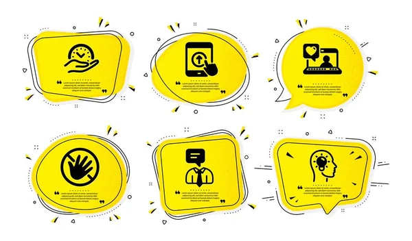 支持服务 擦拭和好友聊天图标简单设置 黄色的语音气泡 有斑点效果 安全时间 请勿触摸和意念头标志 人类的对话 滚动屏幕 — 图库矢量图片