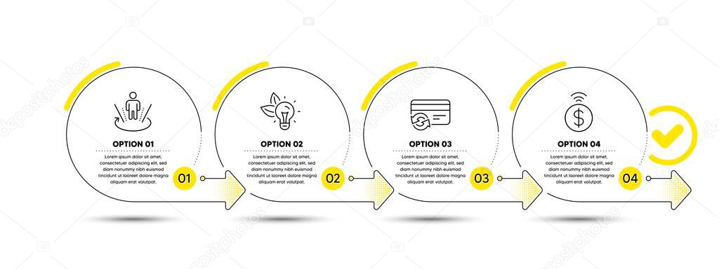 Eco energy, Change card and Augmented reality line icons set. Timeline process infograph. Contactless payment sign. Lightbulb, Payment method, Virtual reality. Technology set. Vector