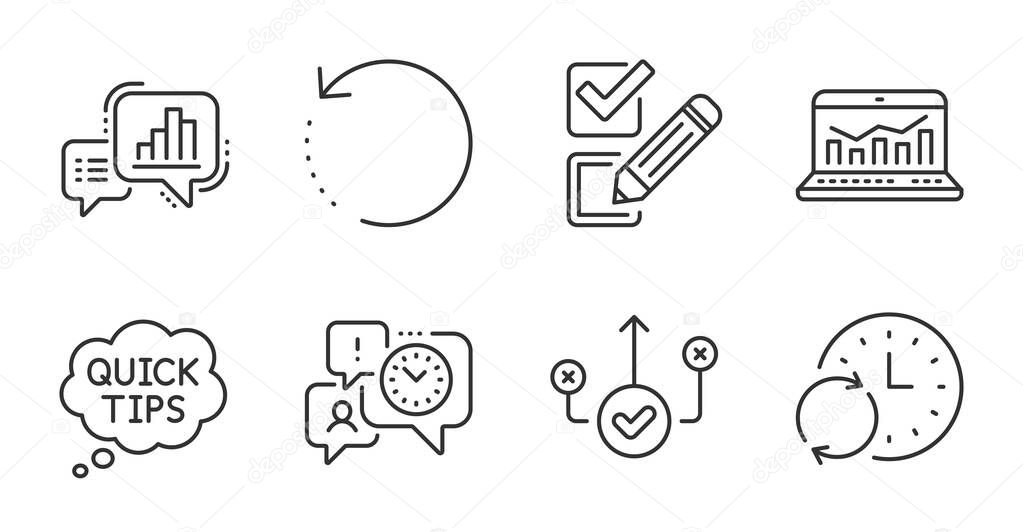 Quick tips, Web analytics and Time management line icons set. Recovery data, Update time and Checkbox signs. Graph chart, Correct way symbols. Helpful tricks, Statistics, Office chat. Vector