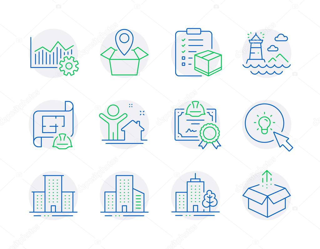 Industrial icons set. Included icon as Buildings, Package location, Skyscraper buildings signs. Lighthouse, Energy, Certificate symbols. Parcel checklist, Engineering plan, New house. Vector