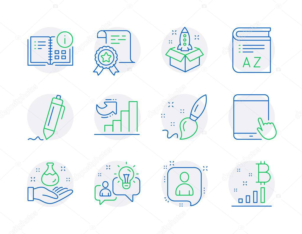 Education icons set. Included icon as Chemistry lab, Certificate, Startup signs. Vocabulary, Signature, Developers chat symbols. Paint brush, Tablet pc, Idea. Instruction info line icons. Vector