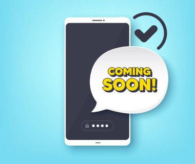 Birazdan geliyorum. Uyarı mesajı olan bir cep telefonu. Reklam pankartı. Yeni ürün salınımı sembolü. Müşteri hizmetleri uygulaması afişi. Yakında rozet şeklinde olacak. Vektör