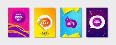 Sıcak satış, sıcak teklif ve indirimli balon tanıtım etiketi. Çıkartma şablonu düzeni. İndirim balonu, teklif pankartı, indirimli pankart. Promosyon etiketi hazır. Konuşma balonu pankartı. Sıcak satış broşürü tasarımı. Vektör