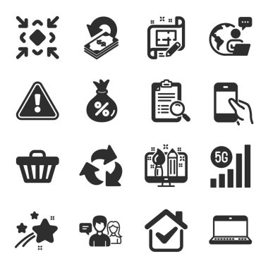 Küçültme, Yaratıcı tasarım, Geri Dönüşüm sembolleri gibi bir dizi teknoloji simgesi. Konuşan insanlar, arama analizleri, akıllı telefon işaretleri. Nakit para, defter, alışveriş arabası. Mimari plan, 5G kablosuz ağ. Vektör