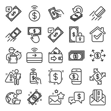 Ödeme cüzdanı çizgisi simgeleri. Para transferi seti, posta simgeleriyle telefon ve kredi kartıyla ödeme. Çevrimiçi ödeme, dolar değişimi ve hızlı para gönderme. Özel ödeme, Cash and Wallet. Vektör