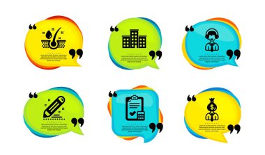 Nakliye desteği, Şirket ve Serum petrol ikonları basit set. Tırnak içinde konuşma balonu. Marka sözleşmesi, muhasebe kontrol listesi ve müdür imzaları. Teslimat müdürü, bina, sağlıklı saçlar. Vektör