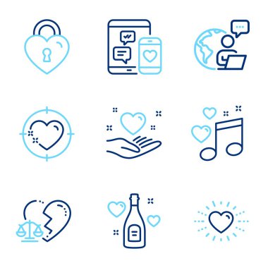 Aşk simgeleri hazır. Aşk şampanyası, Heart, Love müzik işaretleri gibi ikonları da içeriyor. Boşanma avukatı, Heart Hold Heart, sosyal medya çizgisi ikonları. Sevgililer günü, müzikal not. Satır simgeleri ayarlandı. Vektör