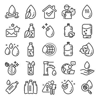 Su damlası çizgisi simgeleri. Bir şişe, antibakteriyel filtre ve musluk suyu lineer simgeleri seti. Bakteri, soğutucu ve şişeyi doldur. Sıvı damlası, antibakteriyel temizleyici ve içecek makinesi, tap. Vektör