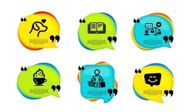 Kahve fincanı, evcil hayvan bakımı ve avukat ikonları. Tırnak içinde konuşma balonu. Eğitim, Alıcı ve Gülümseyen sohbet işaretleri. Krem şanti, barınak, mahkeme yargıcı. Vektör