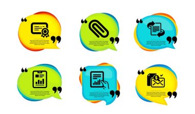 Rapor belgesi, pazarlama ve ataç simgeleri basit ayarlar. Tırnak içinde konuşma balonu. Sertifika, Belge ve Muhasebe raporları. Çizelgelerle, makaleyle, ataçla sayfa ekle. Vektör