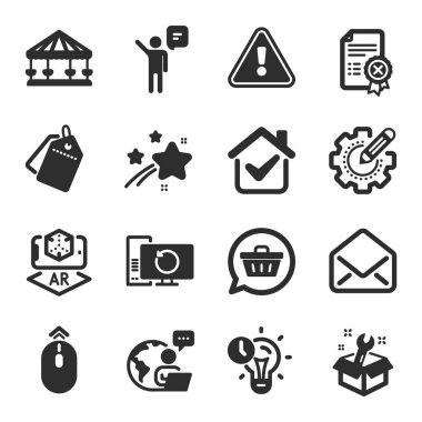 Posta, ajan, alışveriş arabası sembolleri gibi bir dizi teknoloji ikonu. Reddetme belgesi, zaman yönetimi, anahtar işaretleri. Atlıkarınca, indirimli etiketler. Artırılmış gerçeklik, ayarlar. Vektör