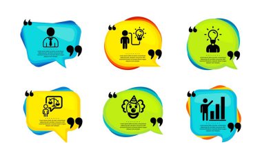 Palyaço, Avukat ve İş Fikirleri basit bir set. Tırnak içinde konuşma balonu. İnsan, Eğitim ve Grafik tabelaları. Komik performans, mahkeme yargıcı, iş planı. Vektör