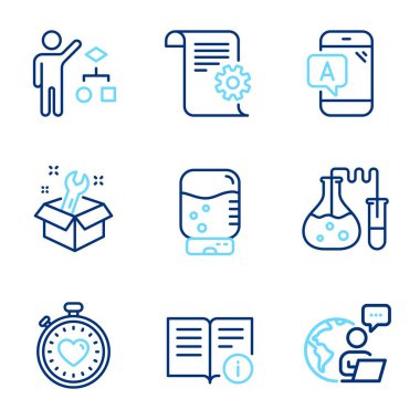 Teknoloji simgeleri ayarlandı. Teknik bilgi olarak simge, teknik belgeler, algoritma işaretleri dahil. Su soğutucusu, İngiliz anahtarı, kimya laboratuarı sembolleri. Kalp atışı zamanlayıcısı, Ab test çizgisi simgeleri. Vektör