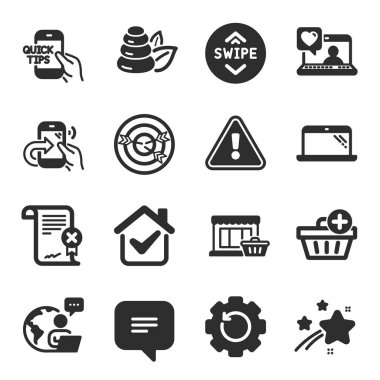 Friends, Marketplace, Spa Stones sembolleri gibi iş simgeleri. Paylaşım çağrısı, dizüstü bilgisayar, eğitim işaretleri. Metin mesajı, yukarı kaydırma, satın alma ekle. Kurtarma ekipmanları, hedef alınıyor. Vektör