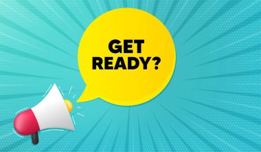 Hazırlanın. Megafonla arka plan. Özel teklif işareti. Reklam indirimleri sembolü. Megafon bayrağı. Konuşma balonuna hazır ol. Hoparlör arkaplanı. Vektör