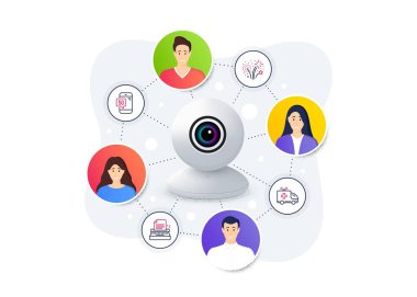 Havai fişek, 5G telefon, ambülans araba sembolleri gibi iş simgeleri. Web kamera uzaktan yayın. Çevrimiçi video konferans afişi. Daktilo hattı simgeleri. Vektör