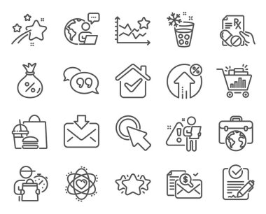 İş simgeleri ayarlandı. Rfp olarak simge, İşadamı davası, Atom işaretleri. Alıntı balonu, gelen posta, muhasebe raporları. Seo Alış-veriş, buraya tıklayın, Yıldızlar. Borç yüzde, kredi. Vektör