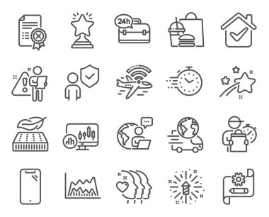 İş simgeleri ayarlandı. Hafif yatak, reddedilme sertifikası, uçak wifi tabelaları gibi simgeler de var. Havai fişek patlaması, şamdan şeması, Friends 'in iki sembolü. Çarkıfelek planı. Vektör