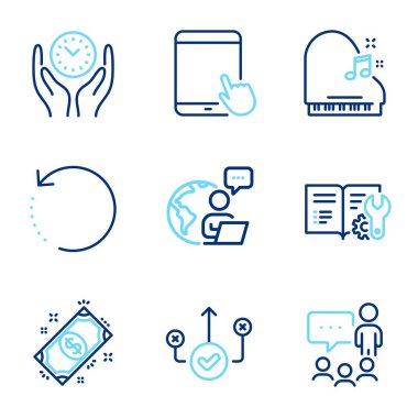 Eğitim simgeleri ayarlandı. Sohbet eden insanlar, güvenli zaman, piyano işaretleri gibi simgeleri de içeriyor. Kurtarma verileri, doğru yol, Tablet PC sembolleri. Ödeme, Mühendislik belgelendirme hattı simgeleri. Satır simgeleri ayarlandı. Vektör