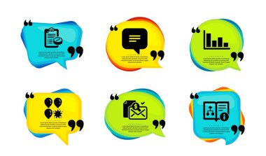 Muhasebe raporu, Histogram ve medikal reçete simgeleri, basit set. Tırnak içinde konuşma balonu. Kısa mesaj, Balon dartı ve teknik algoritma işaretleri. Vektör