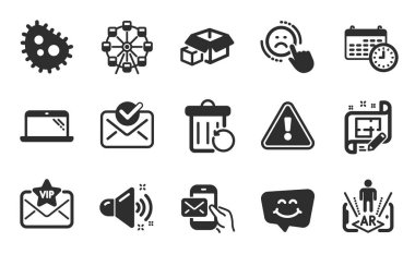 Kutular, dönme dolap ve kurye posta simgeleri. Basit set. Bakteriler, Gülücük Sohbeti ve Artırılmış Gerçeklik İşaretleri. Onaylanmış posta, gürültülü ses ve dizüstü bilgisayar sembolleri. Düz simgeler ayarlandı. Vektör