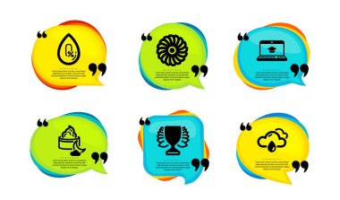 Alkol yok, internet sitesi eğitimi ve fan motoru simgeleri basit. Tırnak içinde konuşma balonu. Gece kremi, Kazanan ve Yağmurlu hava işaretleri. Maden yağı, video öğrenme, havalandırma. Vektör