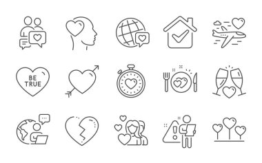 Dünya markası, Kırık Kalp ve Randevu Hattı simgeleri. Dürüst ol, Arkadaş ve Aşk kalp işaretleri. Aşk, düğün gözlükleri ve birkaç sembol. Satır simgeleri ayarlandı. Vektör