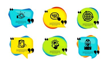 Coronavirus hapları, güneşli hava ve reçeteli ilaçlar basit ikonlar. Tırnak içinde konuşma balonu. Hızlı tüyolar, Globe ve hemşire imzaları. Aşı, güneş tutulması, haplar. Vektör