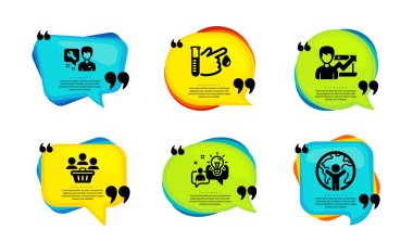 Fikir, Alıcılar ve Kan Bağışı simgeleri basit. Tırnak içinde konuşma balonu. Başarı işi, Tamirci ve Küresel İş İşaretleri. Çözüm, alışveriş müşterileri, tıbbi analiz. Vektör