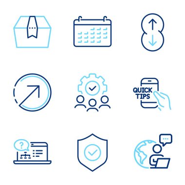 Teknoloji simgeleri ayarlandı. Eğitim, Paket kutusu, Takvim işareti olarak simge dahil. Takım çalışması, aşağı kaydırma, yön sembolleri. Güvenlik kalkanı, çevrimiçi yardım hattı simgeleri. Hızlı tüyolar, teslimat malları. Vektör