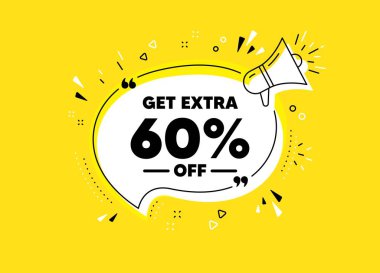 Ekstra% 60 indirim al. Megafon sarı vektör pankartı. İndirimli fiyat tabelası. Özel teklif sembolü. Yüzde 60 tasarruf et. Tırnak içinde düşünce balonu. Vektör