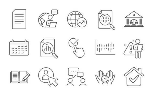 Safe time, Analytics chart and User line icons set. Court building, World statistics and Checkbox signs. Document, People chatting and Calendar symbols. Line icons set. Vector