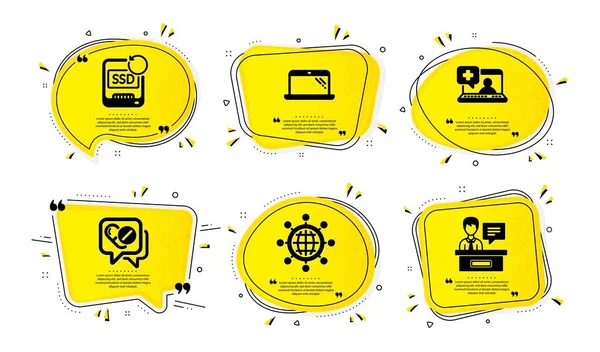 Internationale Globus Medikamente Und Laptop Symbole Einfaches Set Gelbe Sprechblasen — Stockvektor