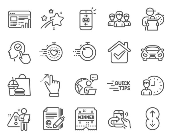 Набор бизнес-иконок. Включена иконка, как Рабочие часы, Образование, Копирайтинг знаков. Выберите пользователя, таймер, Swipe up syols. Группа, автомобиль, жест сенсорного экрана. Быстрое восстановление, обмен звонками, почта. Вектор