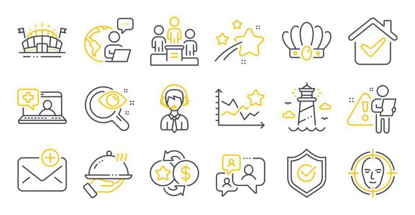 Set of line icons, such as Medical help, Sports arena, Loyalty points symbols. Face detect, Business podium, Approved shield signs. Shipping support, Restaurant food, New mail. Vision test. Vector