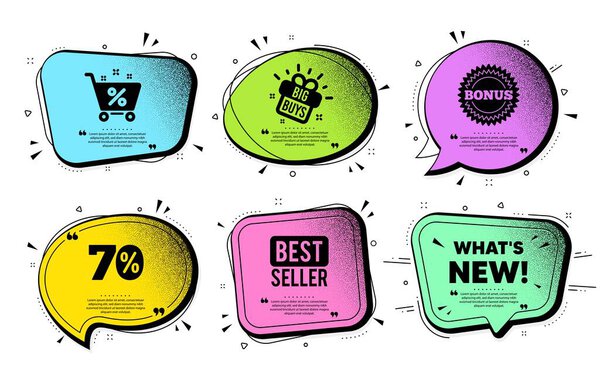 Whats new symbol. Speech bubble with dotwork vector. Special offer sign. New arrivals symbol. Quote speech bubble. Best seller, shop cart icons. Vector