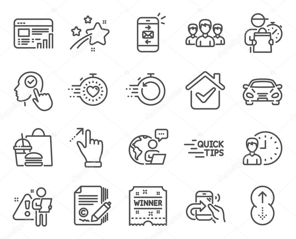 Business icons set. Included icon as Working hours, Education, Copywriting signs. Select user, Timer, Swipe up symbols. Group, Car, Touchscreen gesture. Fast recovery, Share call, Mail. Vector