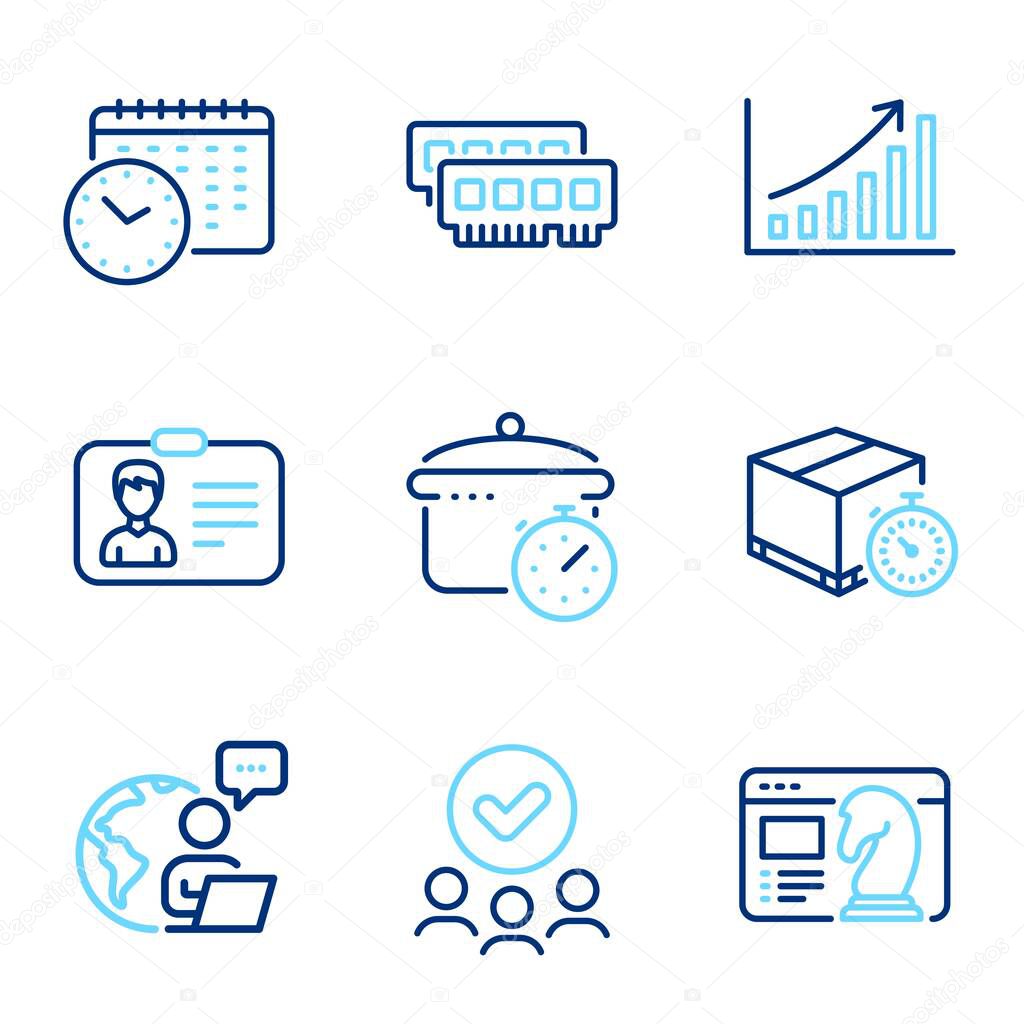 Business icons set. Included icon as Identification card, Ram, Approved group signs. Calendar time, Boiling pan, Seo strategy symbols. Delivery timer, Graph chart line icons. Line icons set. Vector