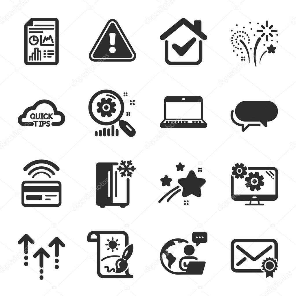 Set of Business icons, such as Verified mail, Refrigerator, Creative painting symbols. Messenger, Fireworks, Notebook signs. Swipe up, Search statistics, Report document. Settings. Vector