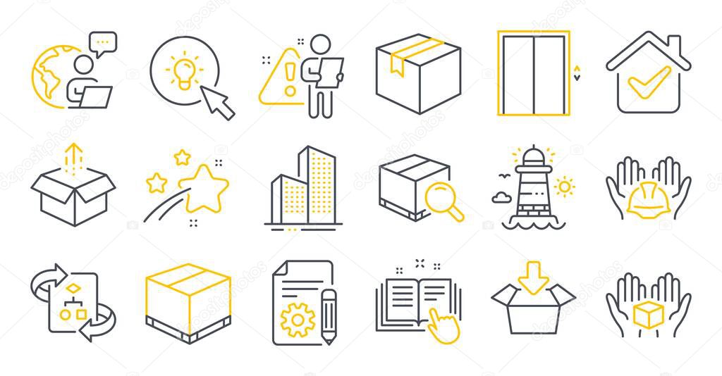 Set of Industrial icons, such as Skyscraper buildings, Documentation, Builders union symbols. Delivery box, Hold box, Technical documentation signs. Lighthouse, Lift, Energy. Parcel. Vector