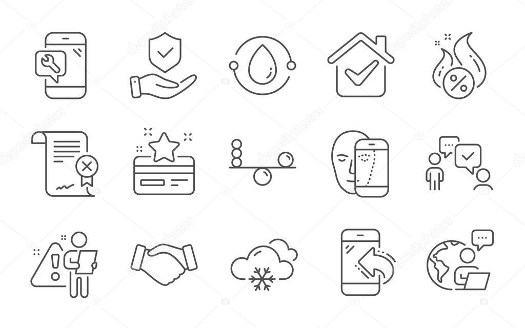 Hot loan, Consulting business and Cold-pressed oil line icons set. Loyalty card, Handshake and Incoming call signs. Snow weather, Balance and Insurance hand symbols. Line icons set. Vector