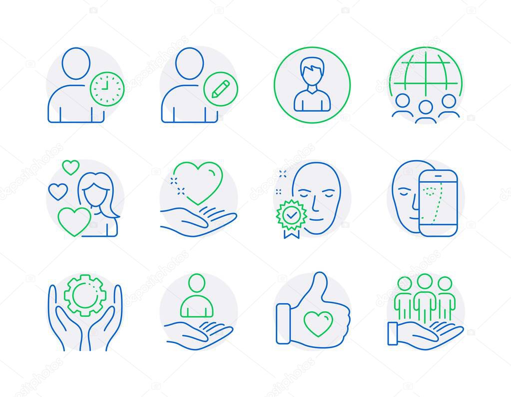 People icons set. Included icon as Face verified, Edit user, Face biometrics signs. Hold heart, Employee hand, Recruitment symbols. Love, Global business, Like hand. Person, Best buyers. Vector