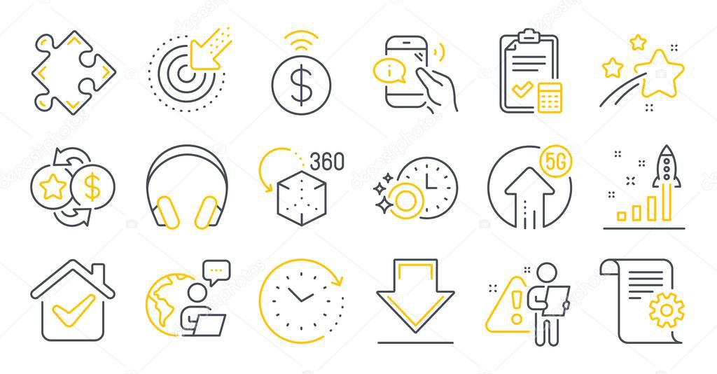 Set of Technology icons, such as Call center, Technical documentation, Time change symbols. Strategy, 5g upload, Dishwasher timer signs. Loyalty points, Accounting checklist, Downloading. Vector