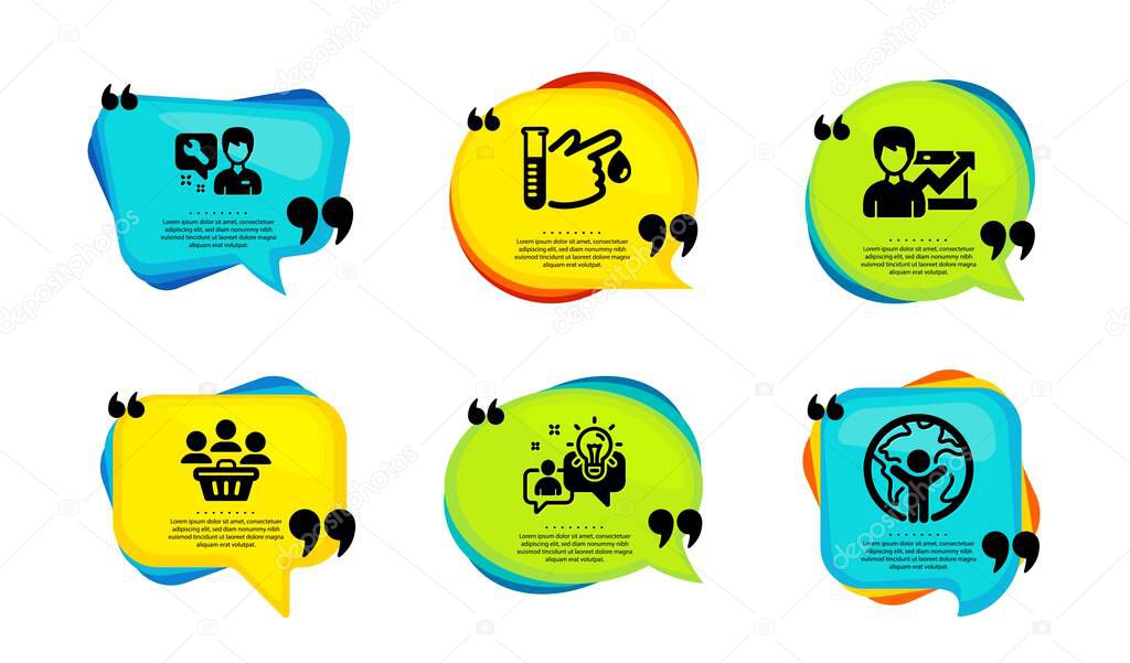 Idea, Buyers and Blood donation icons simple set. Speech bubble with quotes. Success business, Repairman and Global business signs. Solution, Shopping customers, Medicine analyze. Vector