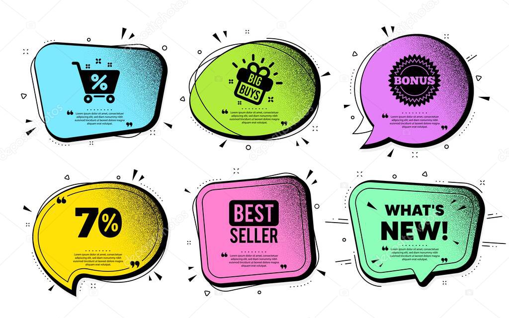 Whats new symbol. Speech bubble with dotwork vector. Special offer sign. New arrivals symbol. Quote speech bubble. Best seller, shop cart icons. Vector